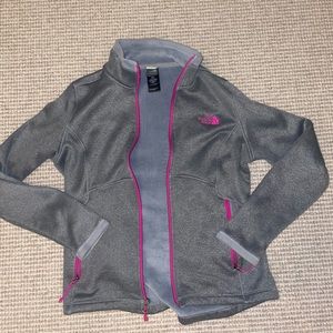 Gray and pink North Face jacket